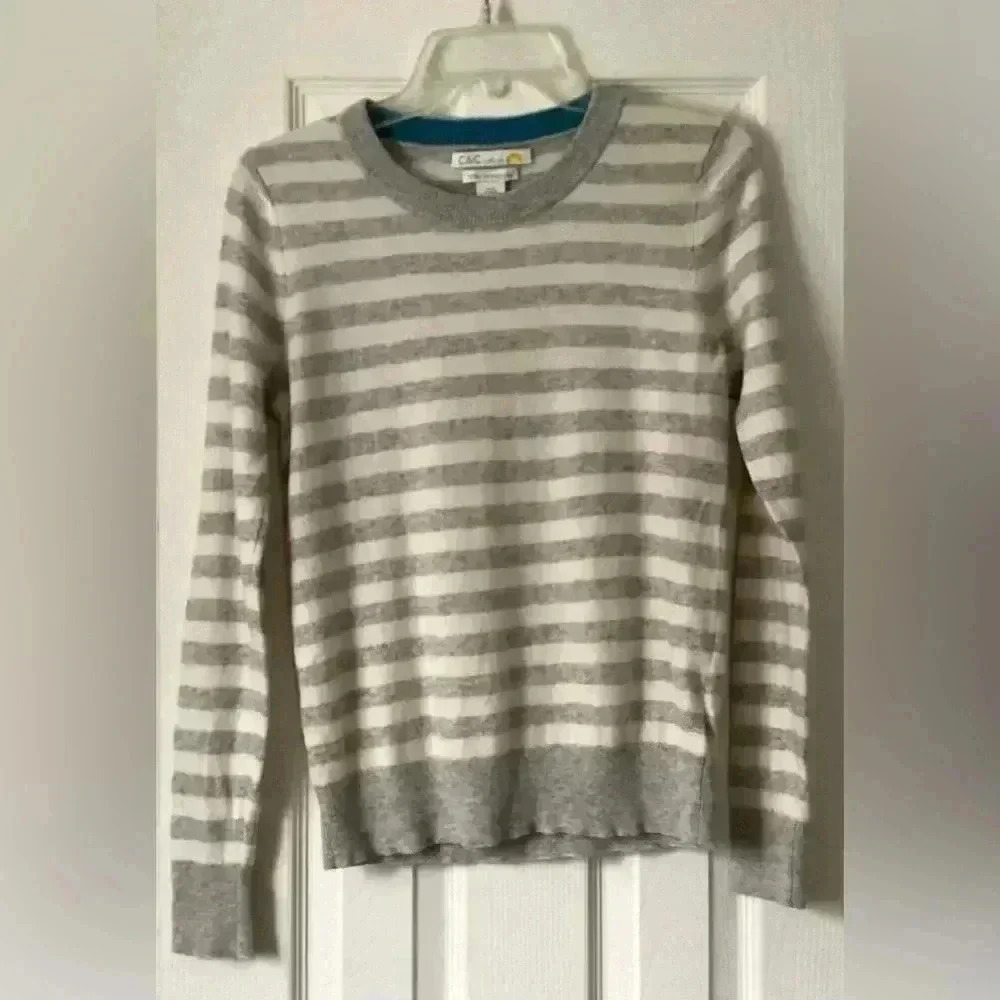 C & C California 2-ply Cashmere Sweater Striped Gray White Pullover Medi…